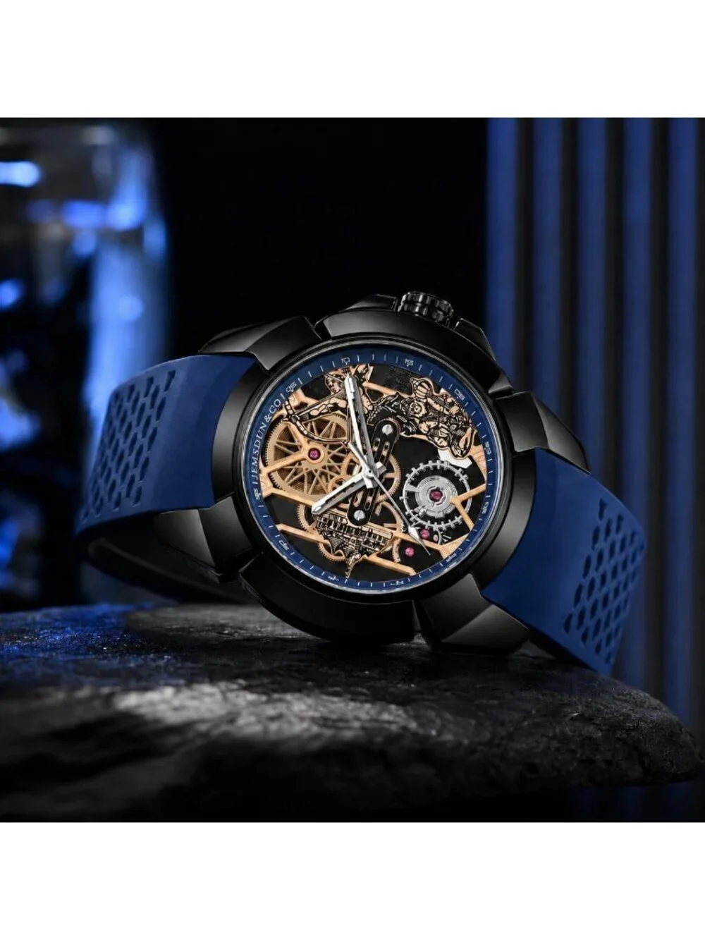 Men's Blue Skeleton Luminous Quartz Silicone Strap Round Hollow Dial Wrist Watch